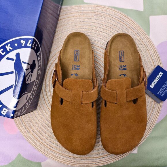 Birkenstock Boston Clogs | Women's Narrow Fit Mink Suede - Picture 1 of 6